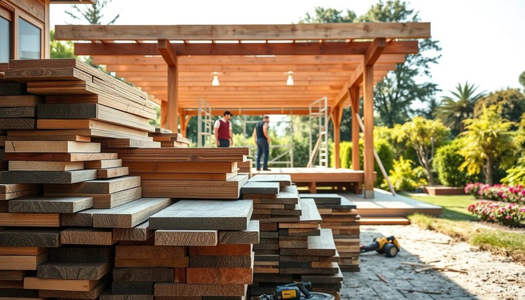 A well-organized construction site showcasing materials for building a wooden terrace with a roof. In the foreground, neatly stacked bundles of pressure-treated wooden planks and beams, showcasing different wood grains and textures, tools like a saw and measuring tape nearby. The middle ground features a partially assembled terrace structure, with scaffolding and workers in casual, professional attire collaborating. In the background, a lush garden with trees and flowers under soft, natural lighting, indicating a sunny day. The focus is sharp on the materials, with a slightly blurred effect on the background to create depth. The mood is industrious yet serene, reflecting a careful selection process for a beautiful outdoor space.
