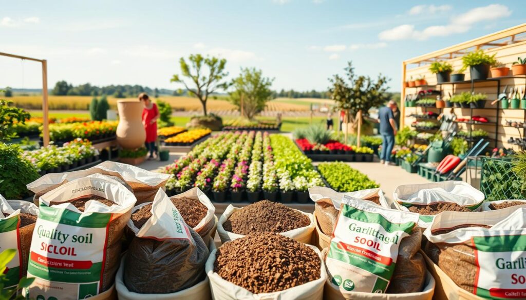 A well-organized garden center featuring bags of quality soil for gardening prominently displayed in the foreground. In a vibrant and lively middle ground, there are neatly arranged sections showcasing various plants and gardening tools. The background includes a sunny landscape with a clear blue sky and a few trees, suggesting a pleasant outdoor atmosphere. Soft, natural lighting creates a warm, inviting mood. Use a wide-angle lens to capture the full scene, emphasizing the abundance of gardening supplies. The overall feeling should be one of inspiration and accessibility, perfect for gardening enthusiasts seeking the best soil options. No text or logos should be included. A well-organized garden center featuring bags of quality soil for gardening prominently displayed in the foreground. In a vibrant and lively middle ground, there are neatly arranged sections showcasing various plants and gardening tools. The background includes a sunny landscape with a clear blue sky and a few trees, suggesting a pleasant outdoor atmosphere. Soft, natural lighting creates a warm, inviting mood. Use a wide-angle lens to capture the full scene, emphasizing the abundance of gardening supplies. The overall feeling should be one of inspiration and accessibility, perfect for gardening enthusiasts seeking the best soil options. No text or logos should be included.