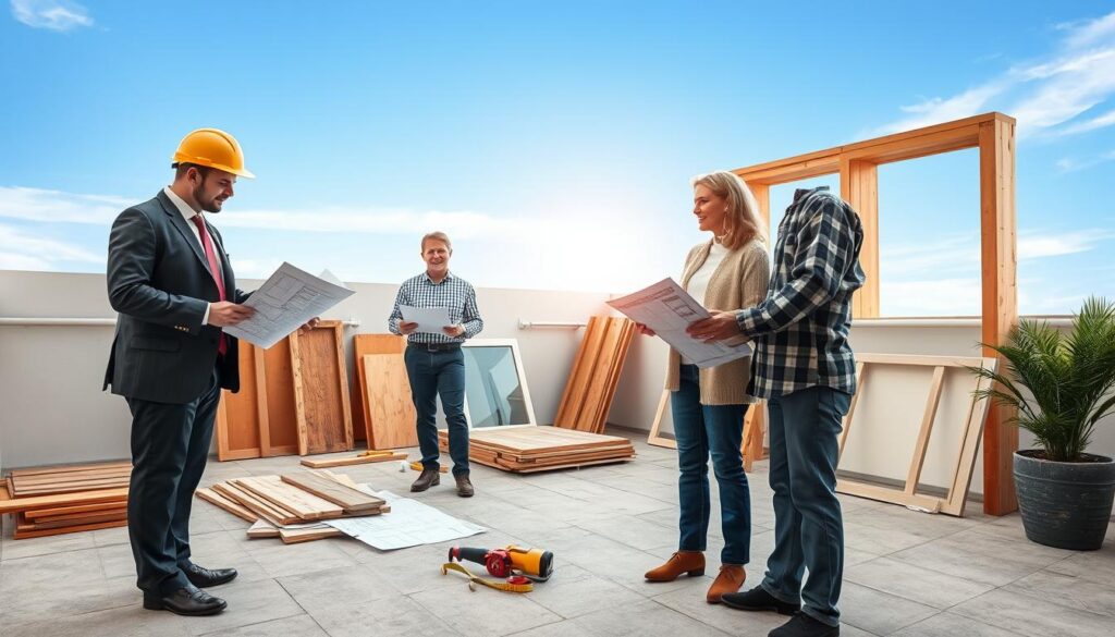 A well-organized outdoor terrace being transformed into a cozy room. In the foreground, a contractor in professional business attire is discussing design plans with a couple, holding blueprints and discussing formalities. In the middle ground, construction materials like wood and glass panels are neatly arranged, while a partially constructed wall reflects the renovations in progress. Include tools like a saw and measuring tape for authenticity. The background shows a clear blue sky with soft, diffused sunlight illuminating the scene, creating an inviting and optimistic atmosphere. The mood should convey industriousness and anticipation for the finished space, emphasizing the importance of formalities and costs in transforming the terrace into a comfortable living area.