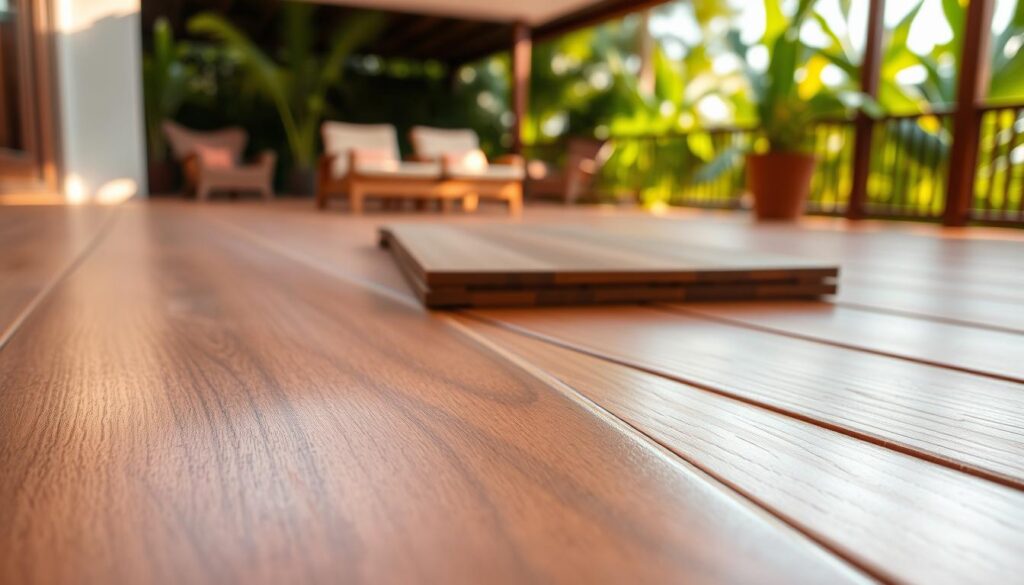 An elegant, close-up view of Bangkirai wood, showcasing its rich, warm tones and distinctive grain patterns, highlighting its moisture-resistant properties. In the foreground, a polished plank of Bangkirai wood glistens subtly, reflecting natural light that accentuates its texture. In the middle ground, several planks are arranged attractively, hinting at potential outdoor decking applications. The background features a serene outdoor setting, with lush greenery suggesting a tropical environment. The lighting is soft and warm, evoking a calm and inviting atmosphere, reminiscent of a peaceful terrace space. Capture the scene from a slightly elevated angle for a dynamic perspective, focusing on the beauty and functionality of this exotic wood type.