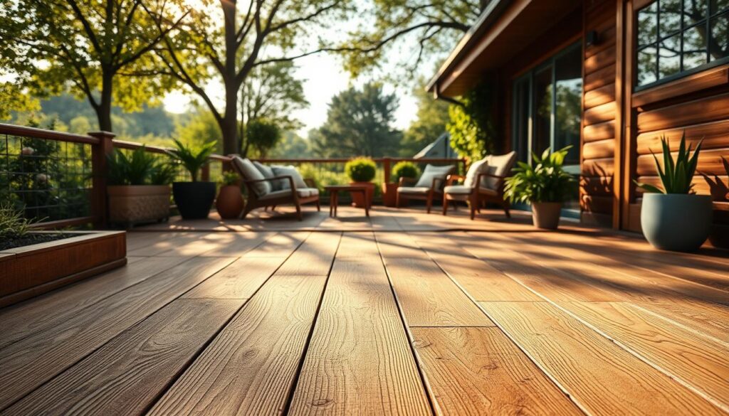 An outdoor view showcasing a beautiful terrace made of various types of wood planks suitable for outdoor use. In the foreground, rich, textured wooden boards—like teak, ipe, and cedar—are displayed with detailed grain patterns. In the middle ground, a partially furnished terrace with a cozy seating arrangement, greenery, and potted plants invites relaxation. The background features a serene garden setting with soft sunlight filtering through trees, casting gentle shadows. The atmosphere is tranquil and inviting, suggesting a perfect spot for enjoying nature. The lighting is warm and natural, emphasizing the beauty of the wood. Capture this scene from a slightly elevated angle to provide depth and visual interest, enhancing the feeling of an inviting outdoor space designed for years of enjoyment.