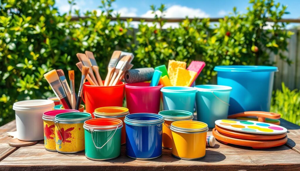 Colorful painting accessories for garden tire upcycling, including brushes, sponges, paint buckets, and palettes, arranged aesthetically on a rustic wooden table. In the foreground, vibrant paint cans in various colors, open and ready for use, reflect soft light. The middle ground features the tools arranged neatly, with a backdrop of green garden foliage and a vibrant blue sky. Natural sunlight casts gentle shadows, enhancing the textures of the tools and materials. The atmosphere feels creative and inviting, perfect for DIY enthusiasts. This scene captures a vibrant, cheerful mood, emphasizing the joy of painting and creativity, without any people or distractions.