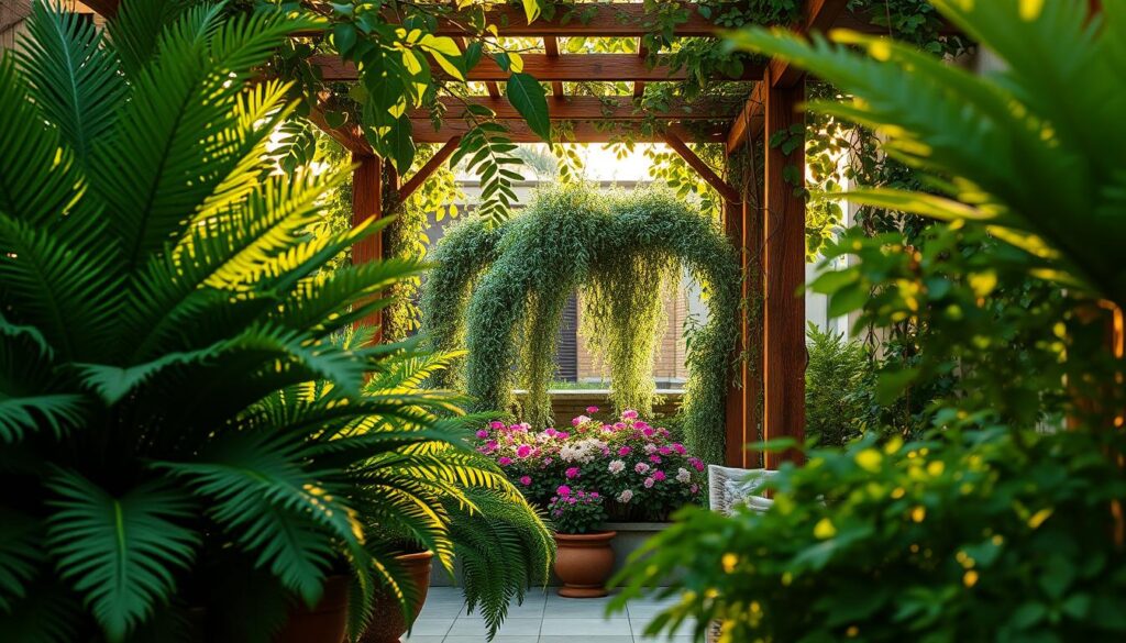 Lush green plants creating a serene shaded terrace environment. In the foreground, large potted ferns and tropical palms with intricately patterned leaves. In the middle, a vibrant flowerbed with colorful blossoms peeking through soft, trailing vines, enhancing the cozy atmosphere. In the background, a wooden pergola draped with leafy vines softly filtering sunlight, casting gentle shadows on the ground. The scene is bathed in warm, soft lighting during golden hour, with an inviting texture that evokes tranquility. The angle captures a slightly elevated perspective, allowing a view of both the greenery and the serene space beneath. Overall, the mood is peaceful and harmonious, illustrating an ideal shaded retreat using foliage.