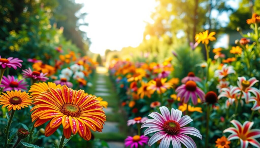 Vibrant summer flowers in a lush garden setting, showcasing a variety of perennial blooms like daisies, coneflowers, and daylilies. In the foreground, colorful flowers with intricate details and dew glistening on their petals, inviting a sense of freshness. The middle ground features a well-maintained garden pathway lined with greenery, leading to an array of flowering plants in full bloom. In the background, softly blurred trees and a bright blue sky bring a sense of openness and warmth. The scene is bathed in gentle, golden sunlight, creating a cheerful and inviting atmosphere. This composition captures the essence of a thriving perennial garden, emphasizing ease of growth and beauty.